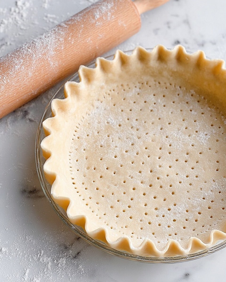 A clear glass pie dish filled with unbaked pie crust with a wavy edge and many small fork holes all over the surface. The dough is pale beige with a slightly rough texture, resting on a white marbled surface dusted lightly with flour. A wooden rolling pin with some flour on it lies partly visible in the top left corner. Photo taken with an iphone --ar 4:5 --v 7
