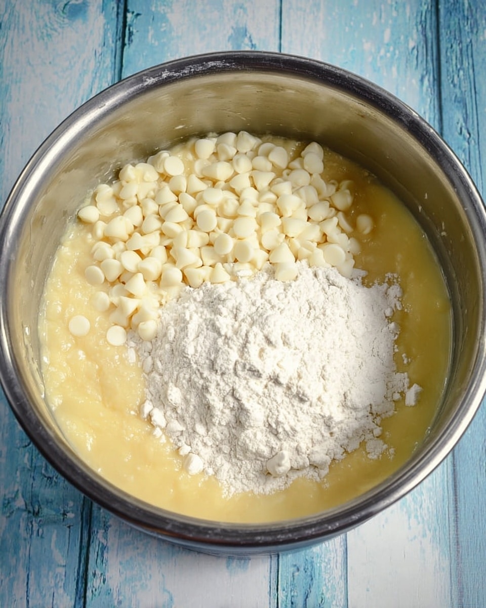 A shiny silver pot is filled with three layers of ingredients: the bottom layer is a smooth creamy yellow batter, above it there is a layer of small, round white chocolate chips scattered mostly on the left side, and the top layer is a pile of white powdered flour sitting on the right side. The pot is placed on a white marbled surface with a rustic blue wooden texture beneath it. photo taken with an iphone --ar 4:5 --v 7