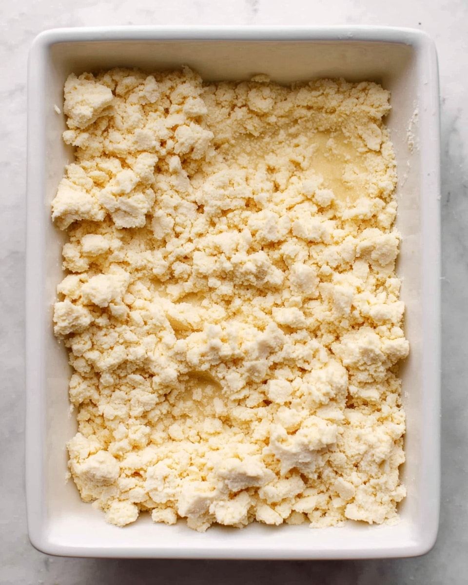 This image shows a white rectangular baking dish filled with an uneven layer of crumbly, pale yellow dough. The dough is coarse with small lumps and a rough texture, loosely spread across the bottom with some gaps where the white dish is visible. The background surface is white marble, giving a clean and bright look to the image photo taken with an iphone --ar 4:5 --v 7