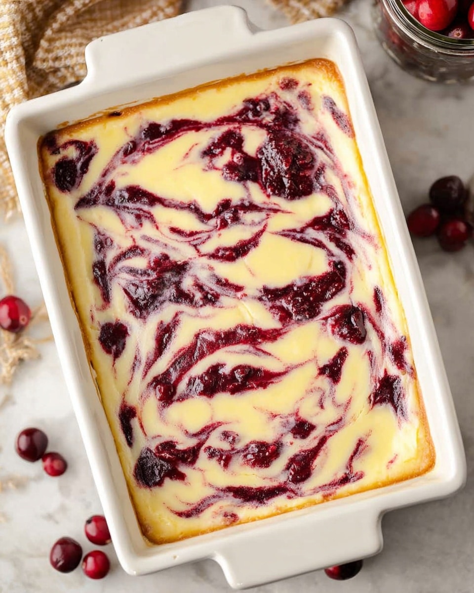 A rectangular white ceramic baking dish filled with a creamy pale yellow cheesecake base that has dark red berry swirls spread unevenly across the top, creating a marbled pattern with smooth and slightly glossy texture. The edges of the dish are slightly browned, showing the baked crust underneath the cheesecake layer. The dish sits on a white marbled surface with scattered cranberries and a blurred jar in the background. photo taken with an iphone --ar 4:5 --v 7