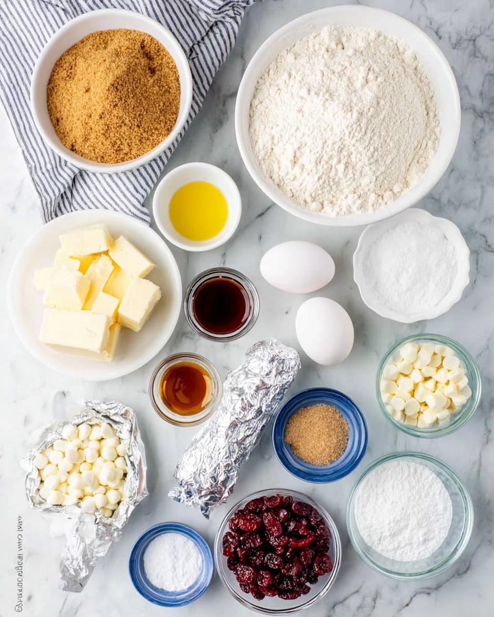 The image shows an organized arrangement of baking ingredients spread out on a white marbled surface. In the top left, there is a white bowl filled with brown sugar next to a striped kitchen towel. To the right, a large white bowl holds white flour. Below, small white bowls contain a light yellow liquid, a dark brown liquid (vanilla), and light brown powder (spices). There are two white eggs placed near the middle, and a wrapped silver package of butter next to a small white plate holding two blocks of butter. Clear glass bowls hold white chocolate chips and dried red cranberries respectively. Additional small blue bowls contain baking powder and salt. A white bowl filled with powdered sugar is at the bottom center. Everything is neatly placed in a visually balanced pattern. Photo taken with an iphone --ar 4:5 --v 7