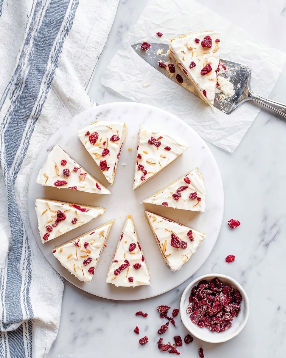 The image shows a round white marble plate with nine triangular pieces of a white frosted dessert, each piece topped with small red dried fruit pieces and thin white shreds, likely coconut. The dessert has two visible layers: a creamy white frosting layer on top with scattered red fruit and white shreds, and a light golden brown base layer beneath. Above the plate, more dessert is on white parchment, with a metal pie server holding one triangular piece. To the right, there is a small white bowl filled with the same red dried fruit, with some loose pieces scattered nearby. A white cloth with blue stripes is placed on the left side, all on a white marbled surface. photo taken with an iphone --ar 4:5 --v 7