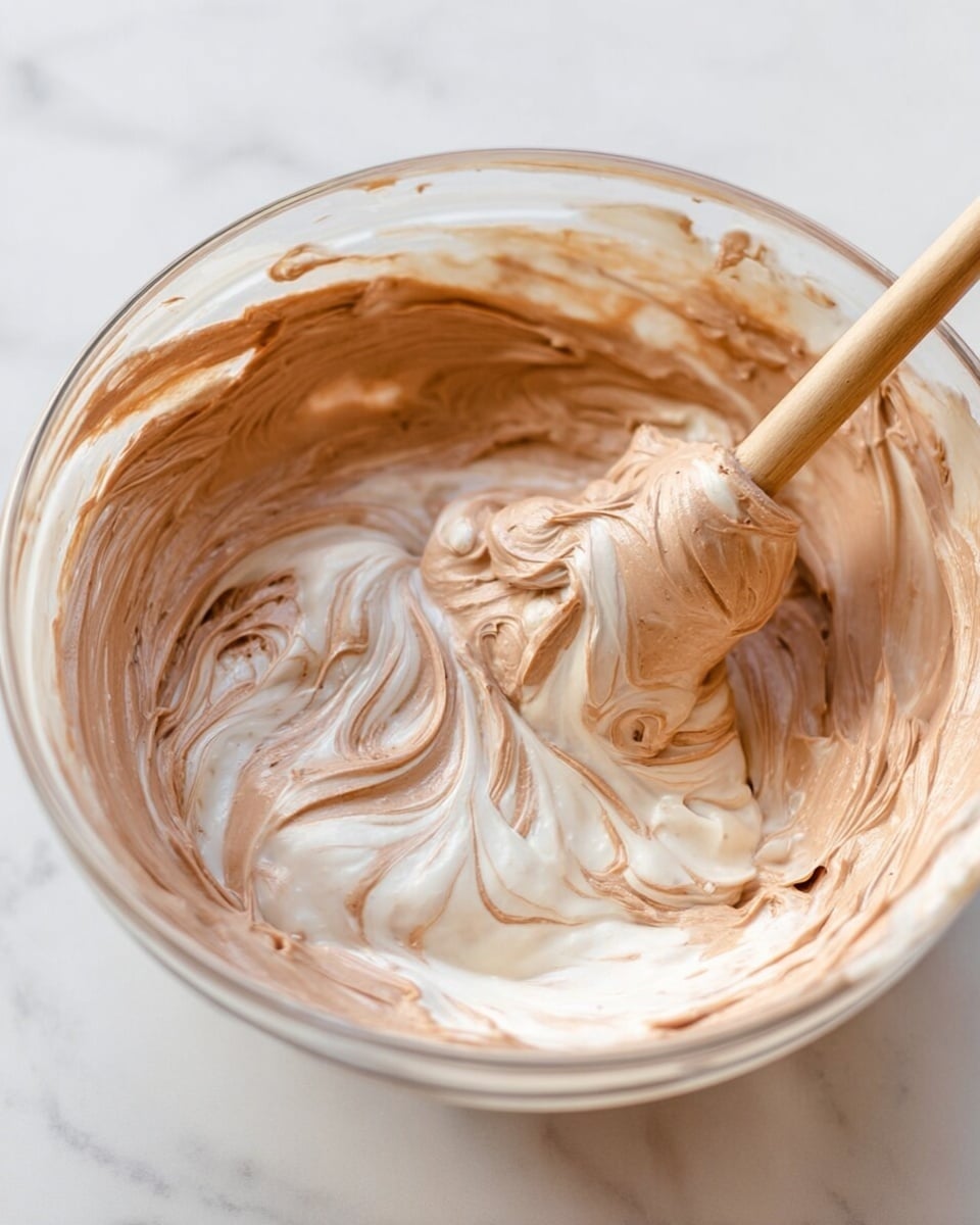 A clear glass bowl filled with a smooth mix of light brown and creamy white swirls, creating a marbled pattern. The mixture looks soft and fluffy, with the layers evenly blended yet still distinct. A wooden spatula is partially dipped into the mix, showing the thick texture as it folds over the edge. The bowl is placed on a white marbled surface, adding a clean and elegant background. photo taken with an iphone --ar 4:5 --v 7