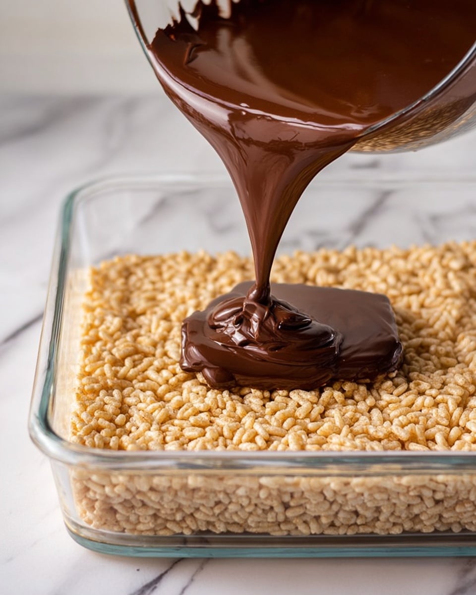 A clear glass rectangular dish is filled with a layer of light golden puffed rice cereal pressed flat inside. A thick, smooth, dark brown liquid chocolate layer is being poured over the cereal from a clear bowl held above, gently spreading across the top. The scene is set on a white marbled surface with soft natural light enhancing the textures and colors. Photo taken with an iphone --ar 4:5 --v 7