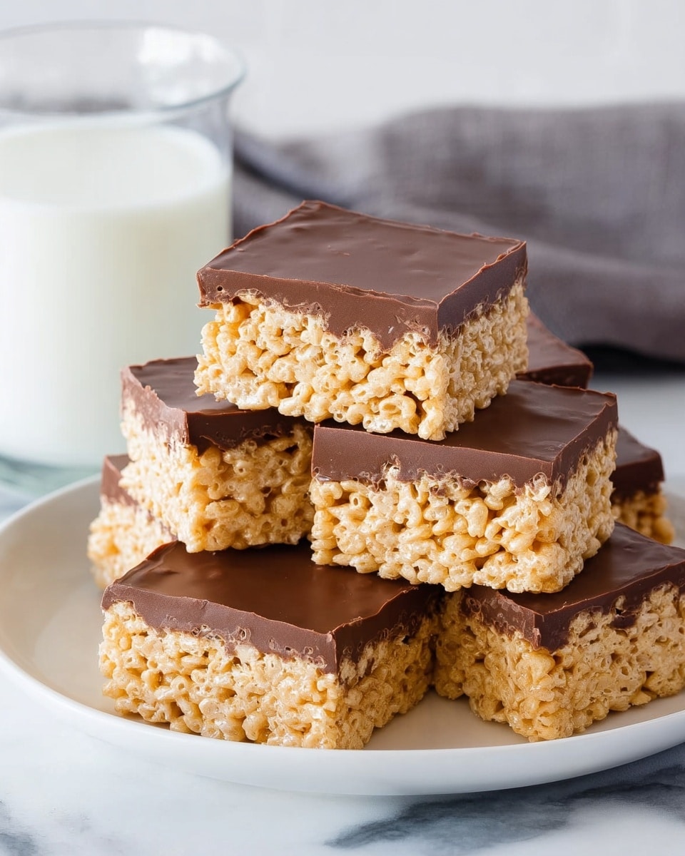 The image shows a stack of six square dessert bars on a white plate, placed on a white marbled surface. Each bar has two layers: a thick, light golden layer of crispy rice cereal on the bottom with a slightly bumpy and airy texture, and a smooth, glossy dark brown chocolate layer on top. The chocolate layer is even and flat with a slight sheen, covering the top completely. A glass of white milk with visible condensation is in the background, alongside a folded gray cloth. The lighting is bright and natural, highlighting the texture of the crispy rice and the shine of the chocolate. photo taken with an iphone --ar 4:5 --v 7