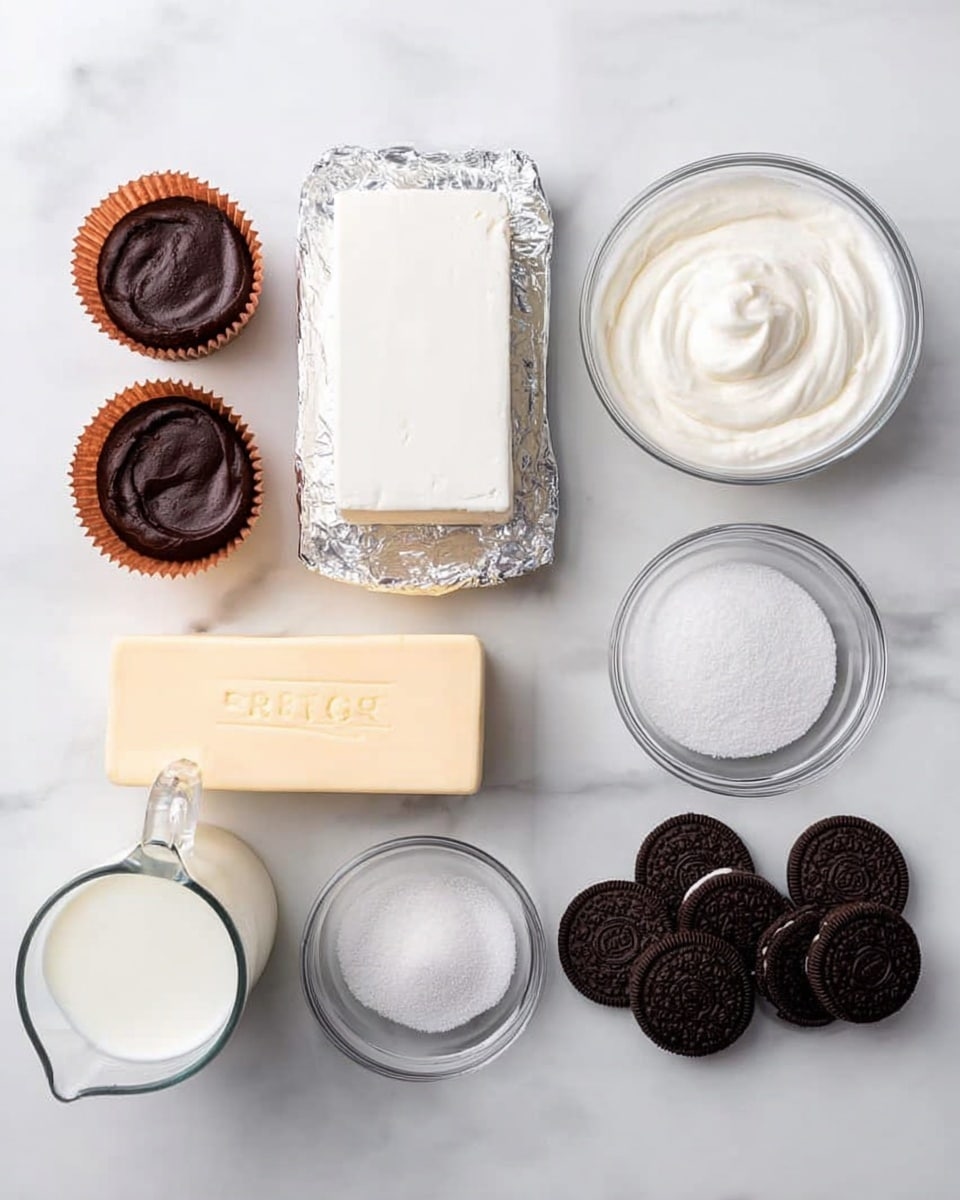 The image shows ingredients neatly arranged on a white marbled surface, including two brown paper muffin cups filled with dark brown mixture on the top left, a rectangular block of white cream cheese in silver wrapping at the top center, and a bowl of smooth white cream on the top right. Below them, from left to right, are a glass measuring cup filled with milk, a stick of yellow butter with markings on it, a small glass bowl of milk, a group of round dark chocolate sandwich cookies stacked loosely, and a clear glass bowl filled with white granulated sugar. All items are spaced out evenly and presented clearly. Photo taken with an iphone --ar 4:5 --v 7