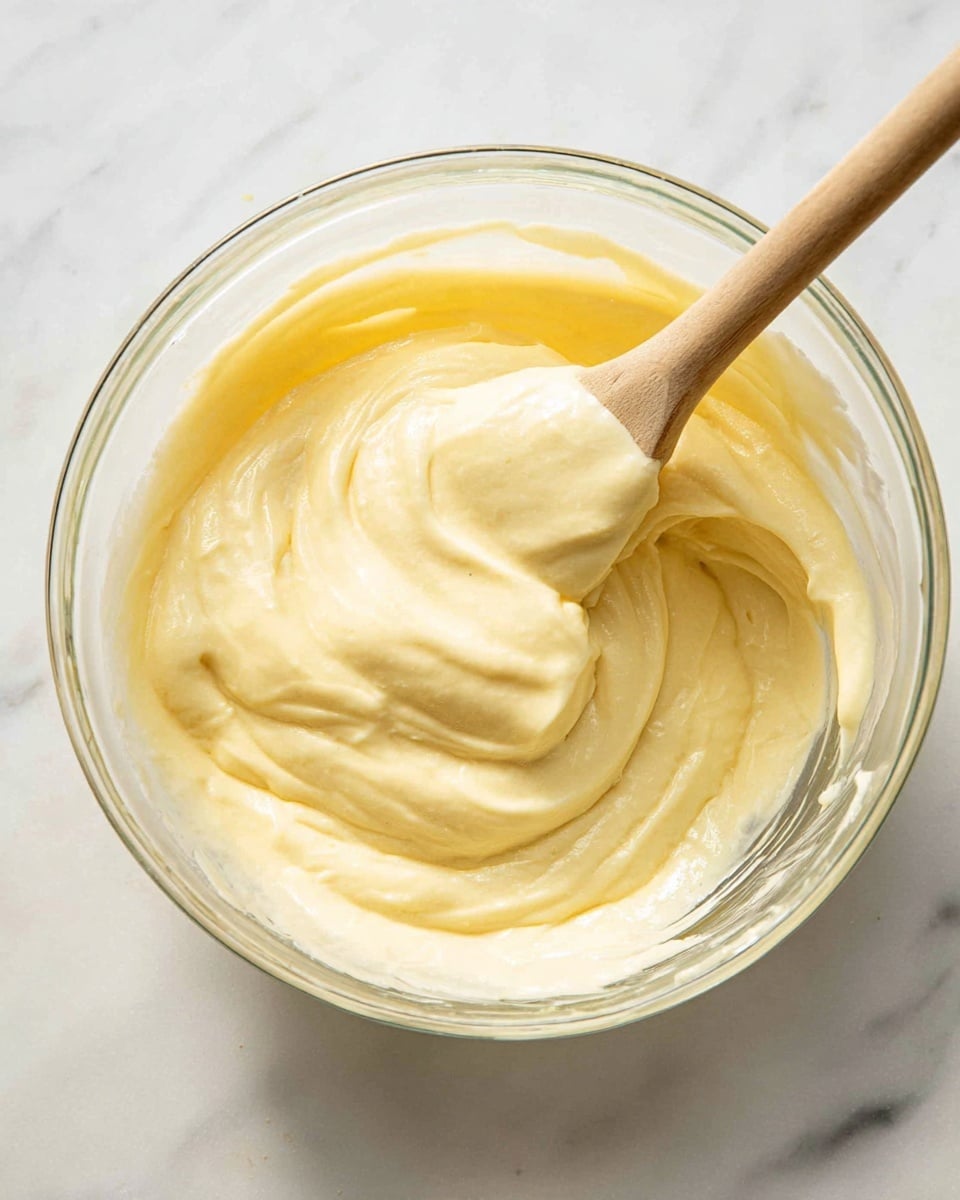 A clear glass bowl filled with smooth, creamy, pale yellow batter being stirred with a wooden spatula, showing soft folds and thick texture inside the bowl, placed on a white marbled surface. Photo taken with an iphone --ar 4:5 --v 7