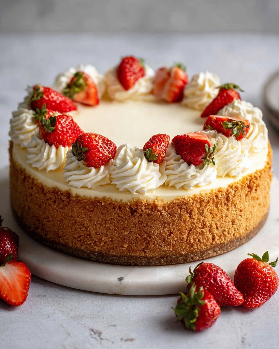 A round cheesecake with a thick, golden brown crumb crust covering the sides and bottom, sitting on a white marbled surface. The smooth, creamy white top layer of cheesecake fills the crust evenly. Around the edge, there are evenly spaced swirls of white whipped cream, each topped with a bright red strawberry with green leaves still attached. Around the base, whole and halved strawberries are scattered on the white marbled surface. The lighting is soft and natural, showing the texture of the crust and the freshness of the strawberries. Photo taken with an iphone --ar 4:5 --v 7