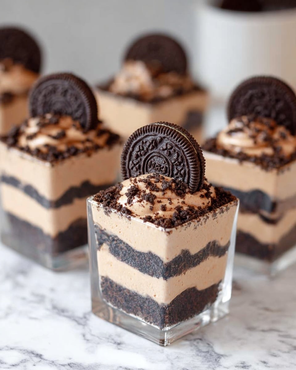 The image shows small clear square cups filled with a dessert made of three visible layers. The bottom layer is a dark chocolate crumb base, followed by a thick light brown creamy layer, then another layer of dark chocolate crumbs. The top layer is the light brown cream, sprinkled with chocolate crumbs, and each cup is decorated with one whole chocolate sandwich cookie placed vertically. These cups are placed on a white marbled surface. Photo taken with an iphone --ar 4:5 --v 7