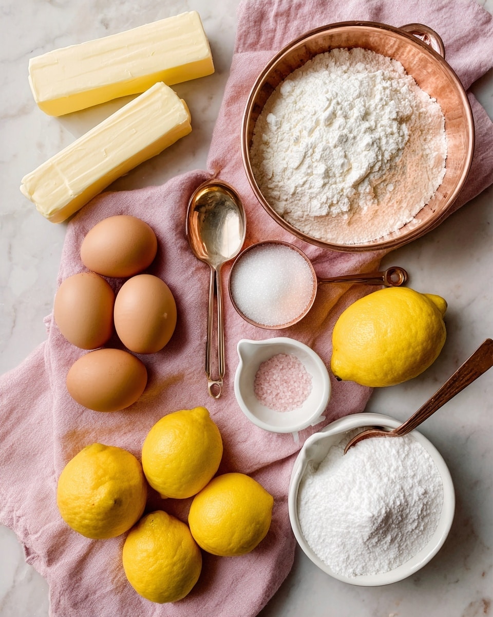 A top view of baking ingredients arranged on a soft pink cloth over a white marbled surface, featuring two sticks of pale yellow butter aligned at the top left, clustered brown eggs to the left, and a group of seven bright yellow lemons in the center. To the right, a shiny copper measuring cup filled with white powdered sugar sits above a similar cup holding white flour. Below, a copper measuring spoon with light pink salt is placed to the left of a white measuring cup full of white sugar. All items are neatly spaced and labeled. photo taken with an iphone --ar 4:5 --v 7
