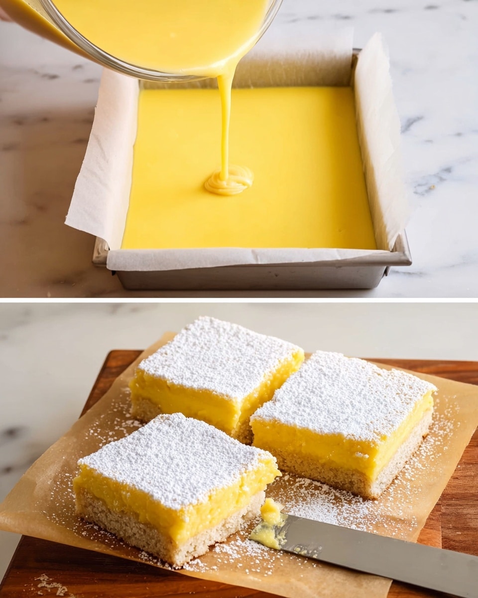 The image shows a thick yellow batter being poured smoothly from a transparent container into a square white tray lined with parchment paper, filling the tray evenly and creating a bright yellow layer with a smooth texture. The second part of the image shows the finished dessert, a square tray of lemon bars with two bars cut out, revealing two layers: a pale yellow top layer dusted generously with white powdered sugar, and a slightly darker, crumbly light brown base layer. A knife is slicing through the bars on the parchment paper, which rests on a wooden board with a white marbled surface in the background. Photo taken with an iphone --ar 4:5 --v 7
