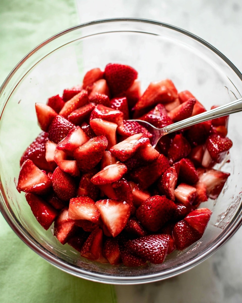 A clear glass bowl filled with many pieces of red strawberries, each piece showing a mix of smooth and slightly bumpy textures. The strawberries are shiny and moist, giving a fresh look, with their deep red color with some lighter pink and white near the edges. A silver spoon is inside the bowl, resting on the strawberries with its handle angled to the top right. The bowl is placed on a white marbled surface. photo taken with an iphone --ar 4:5 --v 7