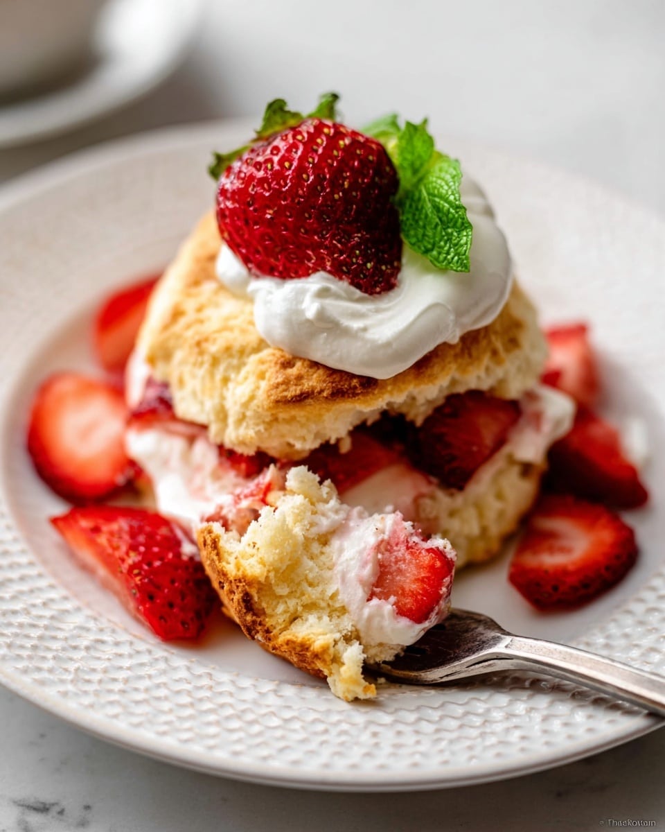 A round biscuit with a golden brown top sits at the center of a white plate with a textured edge. The biscuit is split open and filled with a layer of white cream and red strawberry slices. More sliced strawberries are around the biscuit on the plate. On top of the biscuit is a dollop of white cream, a whole strawberry, and a small green mint leaf. A silver fork holds a bite with biscuit, cream, and strawberry close to the biscuit on the plate. The plate is set on a white marbled surface. photo taken with an iphone --ar 4:5 --v 7