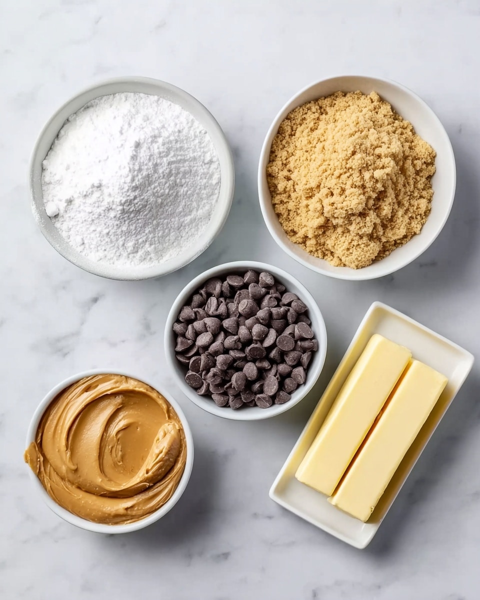 The image shows five small white bowls placed on a white marbled surface, each filled with different ingredients. Starting from the top left, the first bowl has white powdered sugar with a soft, fluffy texture. Next to it on the right is a bowl filled with a light brown crumbly powder, likely graham cracker crumbs. Below the powdered sugar is a bowl with smooth, creamy light brown peanut butter. To the right of that is a bowl filled with dark brown chocolate chips, having a shiny, solid texture. The last bowl on the top right contains two sticks of pale yellow butter, smooth and solid, placed side by side in a white dish. The arrangement is neat and evenly spaced, creating a simple and clean visual. Photo taken with an iphone --ar 4:5 --v 7
