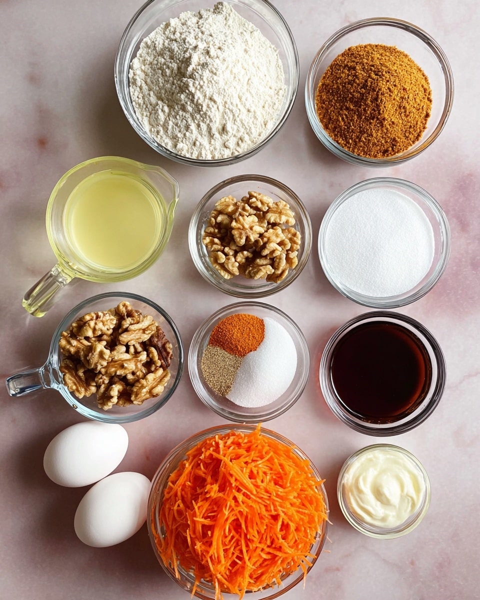 The image shows an overhead view of various baking ingredients placed neatly on a white marbled surface. There are ten small glass bowls and a glass measuring cup, each holding different items. At the top center is a large bowl filled with white flour. To the right of it is a bowl of packed brown sugar, light brown in color with a crumbly texture. Below the brown sugar is a bowl of white granulated sugar, smooth and shiny. Next to that is a small bowl of mixed white powder and brown spices, arranged in separate sections. At the bottom center is a bowl filled with bright orange shredded carrots, fluffy and soft looking. To the left of this are a metal measuring cup filled with chopped walnuts, showing a rough and crunchy texture. Beside the walnuts are three white eggs, smooth and oval-shaped. To the left of the eggs is a clear glass measuring cup half full of pale yellow oil. Near the center is a small bowl of creamy white yogurt and next to it a small bowl filled with thick dark brown syrup. Everything is placed on a clean white marbled surface with soft natural lighting. photo taken with an iphone --ar 4:5 --v 7