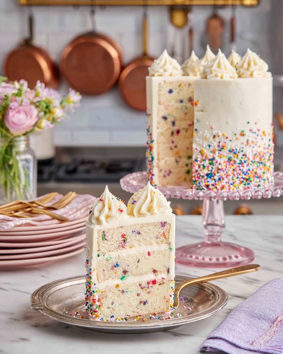 A tall slice of three-layer white cake with colorful sprinkles baked inside each layer sits on a silver plate atop a white marbled surface. Each layer is separated by smooth white frosting, and the top of the slice has two large swirls of white frosting. In the background, the full cake, covered with smooth white frosting and decorated with colorful sprinkles around the bottom edge, rests on a clear pink glass cake stand. The top of the full cake has evenly spaced white frosting swirls. Nearby, there is a small clear jar with pink and light green flowers, pink plates stacked with gold forks on them, and a gold fork resting on a lavender cloth. The background shows hanging copper pans and a kitchen stove. photo taken with an iphone --ar 4:5 --v 7