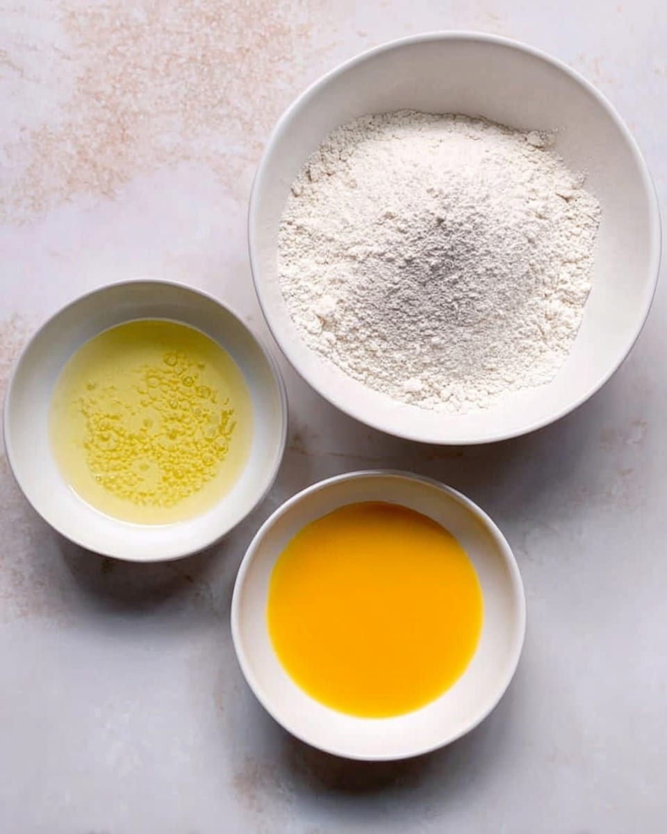 The image shows three white bowls on a white marbled surface. The largest bowl at the top right contains a white flour mixture with a slightly powdery texture. Below to the left, a smaller bowl holds clear oil with small bubbles floating on the surface. To the right of the oil bowl, there is another small bowl filled with a smooth, yellow beaten egg mixture. All bowls are arranged in a triangular shape, with the largest bowl slightly raised above the two smaller bowls. photo taken with an iphone --ar 4:5 --v 7