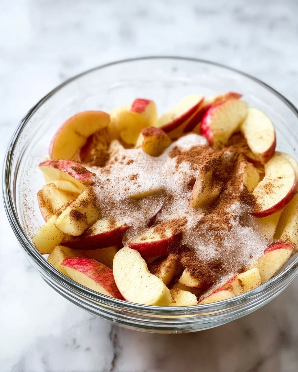 A clear glass bowl filled with two layers of sliced apples, each slice showing red peel and pale yellow flesh, all mixed together in the bowl. On top of the apple slices is a generous dusting of white sugar and brown cinnamon powder, spread unevenly across them. The bowl is placed on a white marbled surface, adding a soft natural texture in the background. The light coming from above highlights the shiny texture of the apple slices and the fine powder of sugar and cinnamon photo taken with an iphone --ar 4:5 --v 7