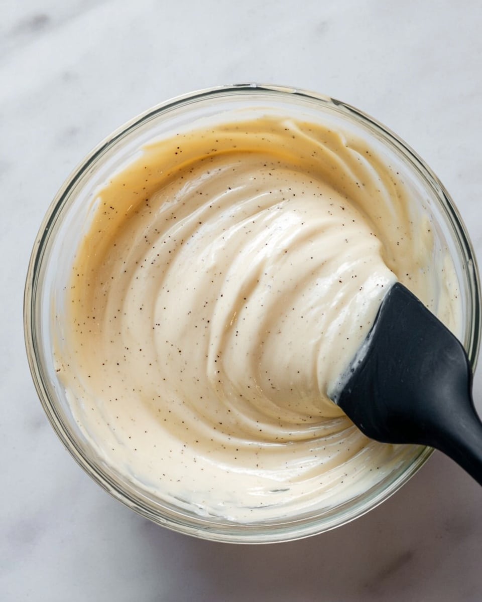 A clear glass bowl filled with a creamy light beige mixture that has many small black vanilla specks scattered throughout, giving it a smooth yet speckled texture. The mixture looks thick and soft with gentle folds and swirls. A black spatula is gently pressed into the mixture from the right side, lifting a rounded section and creating soft waves. The bowl sits on a white marbled surface. photo taken with an iphone --ar 4:5 --v 7