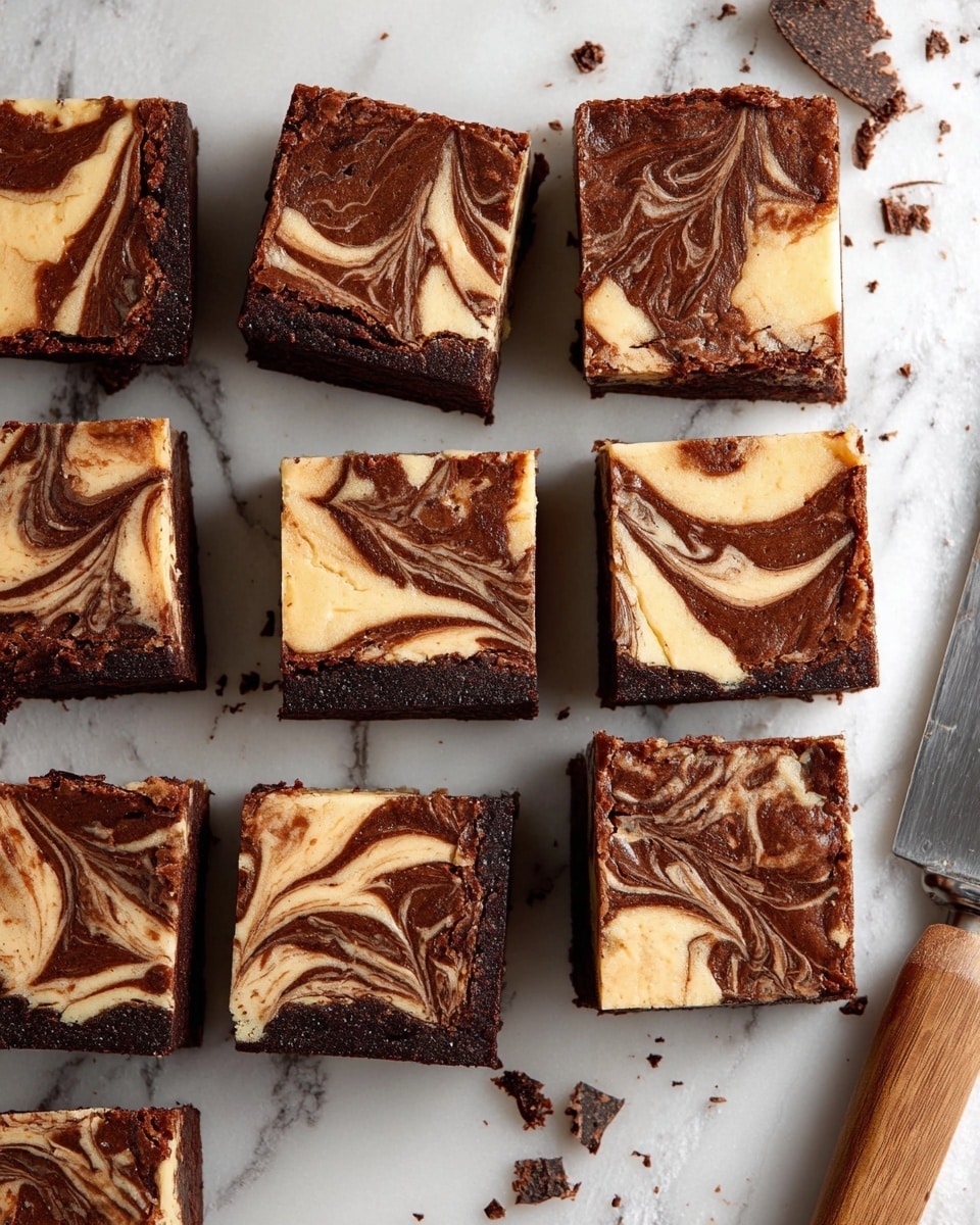 The image shows twelve square brownie pieces arranged closely together on a white marbled surface. Each brownie has two visible layers: a thick base layer of dark brown chocolate and a top layer of creamy beige cheesecake swirled with chocolate in smooth, flowing patterns. The swirls create a marbled effect with lighter and darker shades blending in each square, and a few brownies have subtle cracks on the surface. Around the brownies, there are small chocolate crumbs scattered on the white marbled background, and a metal knife with a wooden handle lies on the right edge of the frame. Photo taken with an iphone --ar 4:5 --v 7