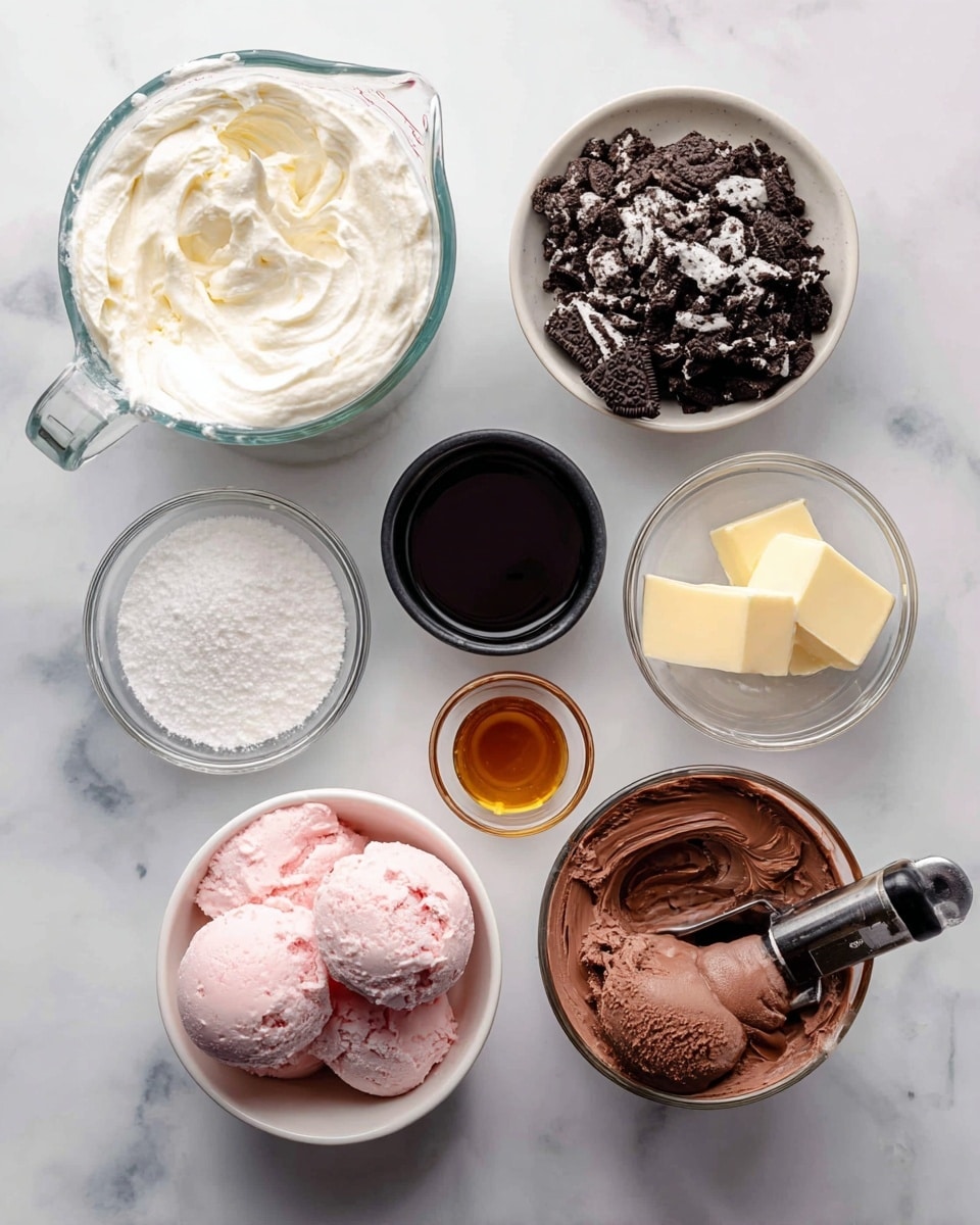 The image shows several separate ingredients for a dessert arranged on a white marbled surface, including a transparent glass measuring cup filled with white heavy cream on the top left, and a white bowl filled with dark crushed Oreos on the top right. Below the cream, there is a small transparent bowl with white confectioners' sugar and next to it a small glass container with a light brown vanilla extract. In the center, there is a small black cup filled with glossy dark hot fudge, with two small pieces of yellow butter to the right. At the bottom center, there is a transparent white bowl with pale pink ice cream, and at the bottom right, a white container filled with deep brown chocolate ice cream with a scooping tool inside. Photo taken with an iphone --ar 4:5 --v 7