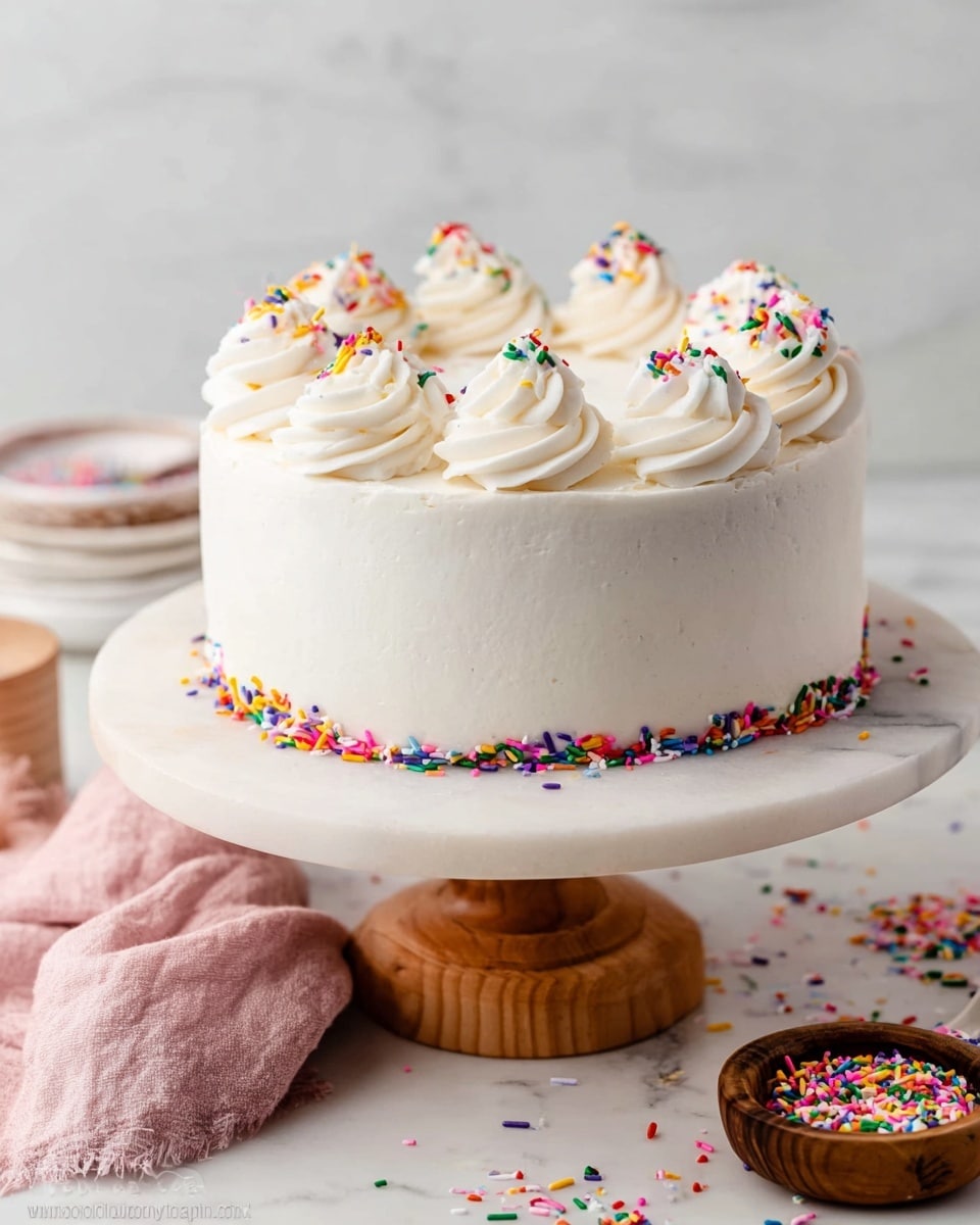 The image shows a round vanilla cake with smooth white frosting covering the entire cake. There is a ring of white frosting swirls evenly spaced along the top edge, each topped with bright, colorful sprinkles. The cake sits on a white marble cake stand with a wooden base, and more colorful sprinkles are scattered around the base of the cake. Nearby, a small wooden bowl filled with more sprinkles and a pink cloth can be seen. The background and surface are white marble texture. photo taken with an iphone --ar 4:5 --v 7