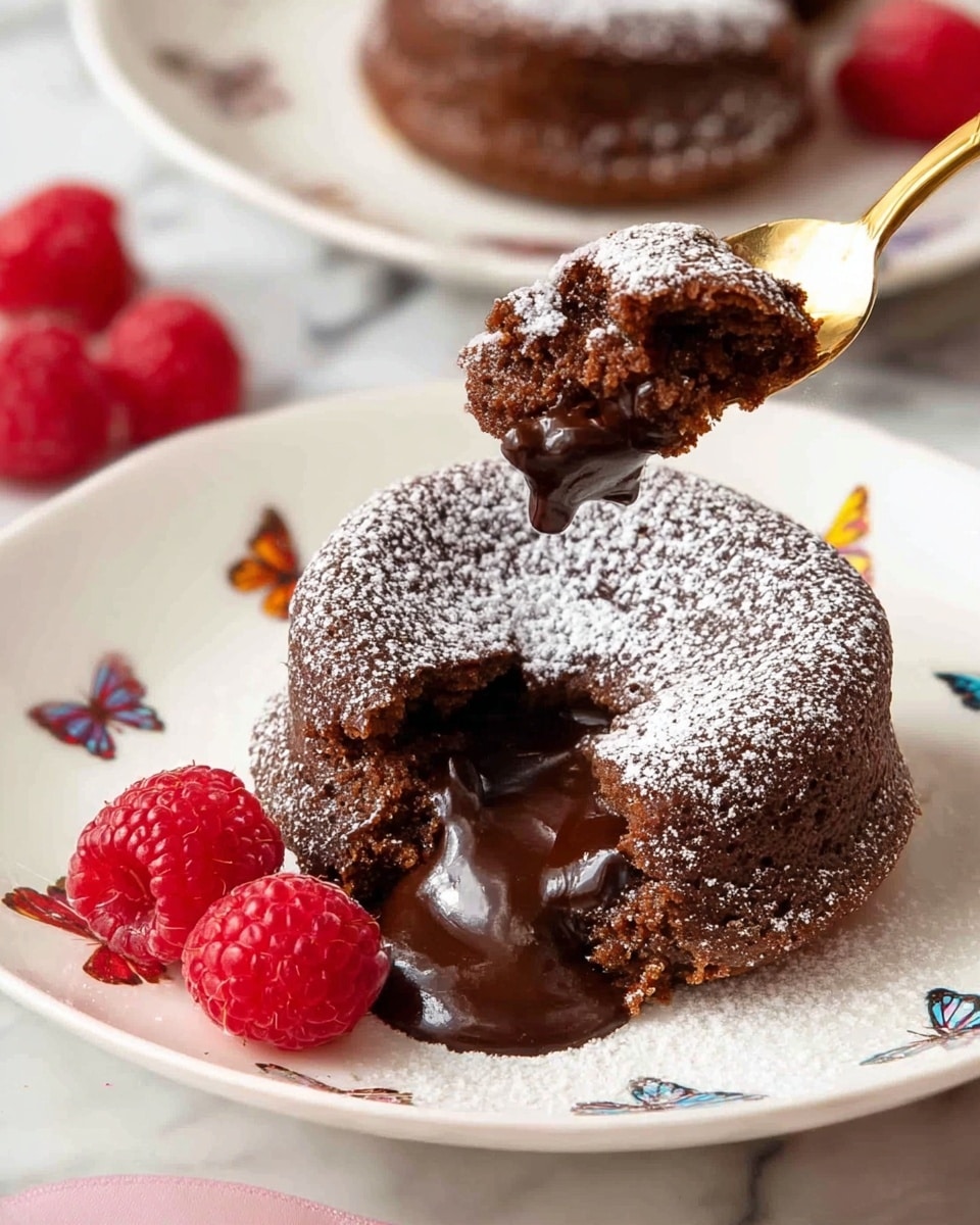 The image shows a chocolate lava cake placed in the center of a white plate with small colorful butterfly designs. The cake has a soft, moist outer layer dusted with white powdered sugar and a rich, melted chocolate center oozing out. Three red raspberries sit on the left side of the cake adding a pop of color. A gold spoon holds a piece of the cake with melted chocolate dripping, hovering above the cake. In the blurred background, another white plate with a similar cake and raspberries is visible on a white marbled surface. Photo taken with an iphone --ar 4:5 --v 7