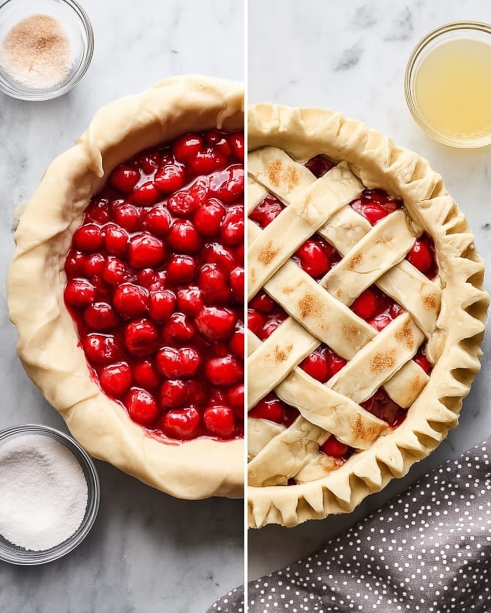 The image shows two stages of a cherry pie on a white marbled surface. On the left is the pie before baking, filled with bright red cherry filling that is glossy and full of whole cherries. The pie dough edges are plain and soft, draped over the filling with a slight dusting of brown spice on top. On the right, the pie is partially covered with a lattice crust made of wide, pale dough strips woven over the vibrant cherry filling. The crust edges are pinched into a decorative pattern. Around the pie are small glass bowls with white sugar and a light yellow liquid, along with a grey polka-dot cloth to the side. photo taken with an iphone --ar 4:5 --v 7