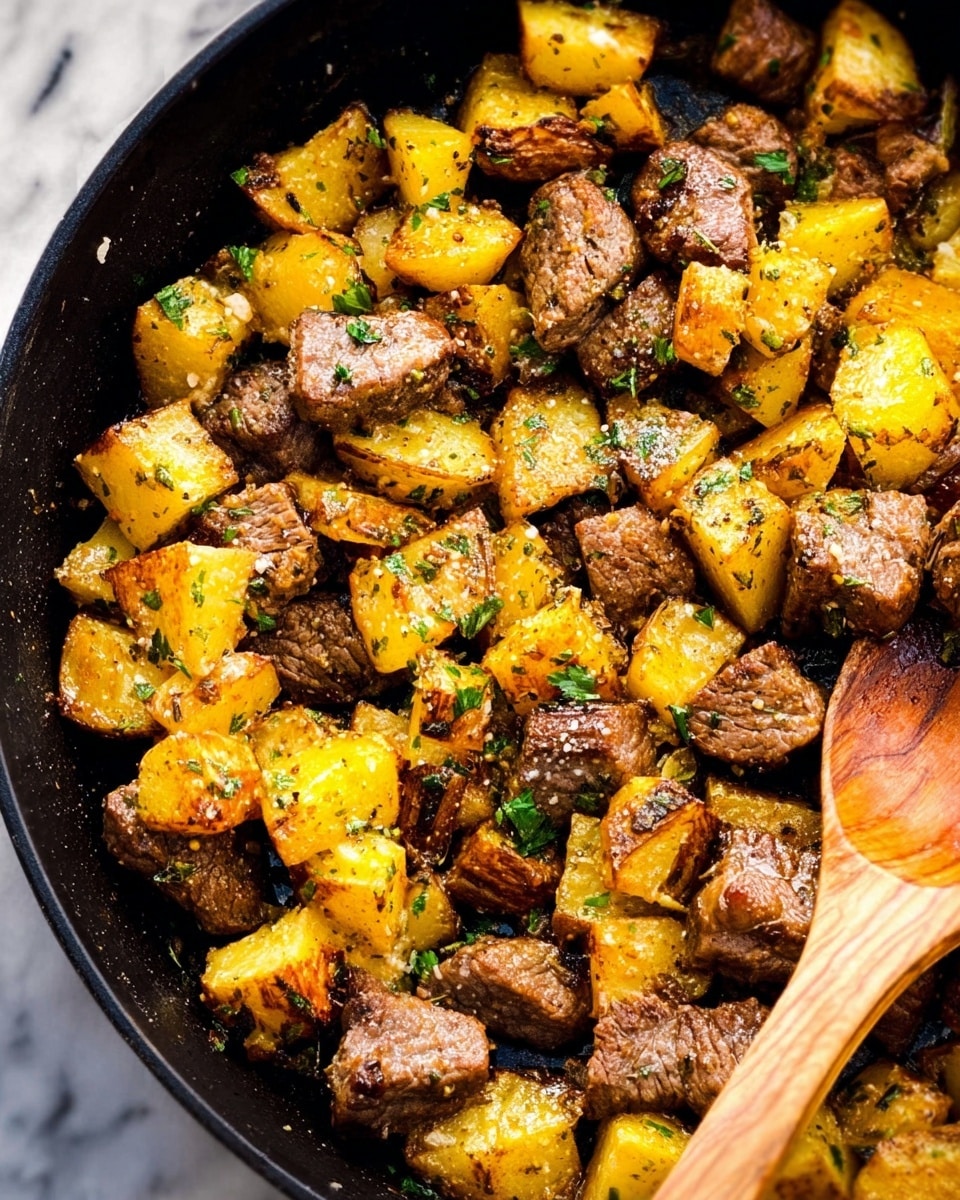 This image shows a close-up of a black skillet filled with cooked pieces of meat and golden yellow roasted potato chunks. The meat is brown with some seared edges, and the potatoes have a crisp, browned surface with some herbs sprinkled on top. There are small bits of green herbs scattered randomly over the dish, adding a touch of color. A wooden spoon rests in the skillet on the right side, partially under the food. The background is a white marbled texture. Photo taken with an iphone --ar 4:5 --v 7