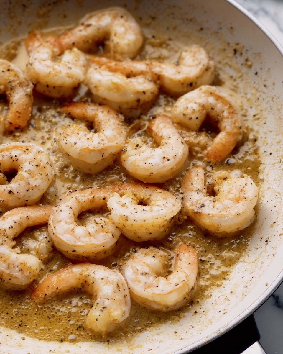 The image shows a close-up of around twelve shrimps cooking in a white pan. The shrimps are pale with a light orange tint and scattered black pepper on them. They are placed evenly across the bottom of the pan, which is coated with a golden brown butter sauce that appears to be bubbling gently. The white marbled surface is partly visible near the pan's edge. The scene captures a warm and inviting cooking moment with a soft focus on the shrimp and sauce texture. Photo taken with an iphone --ar 4:5 --v 7