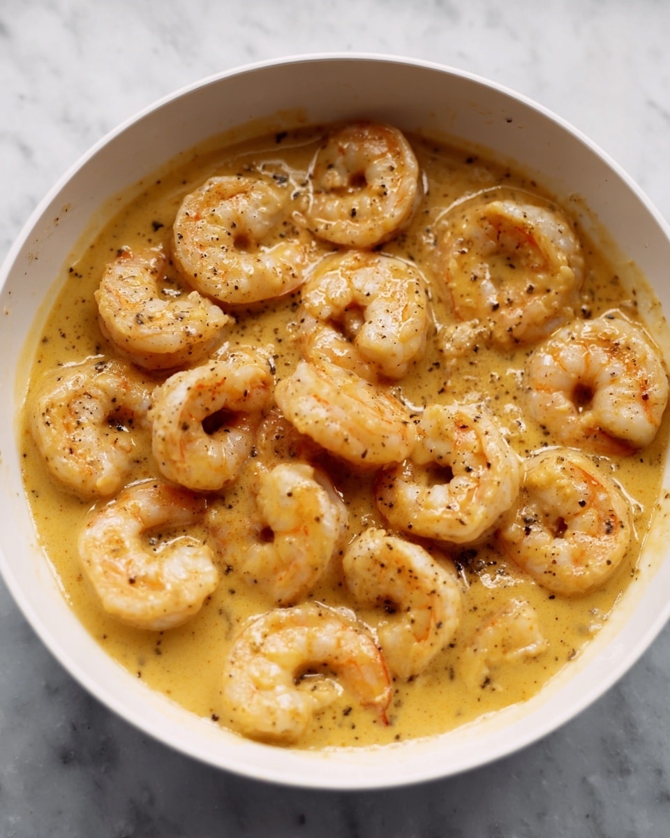A white bowl filled with cooked shrimp covered in a creamy yellow-orange sauce with visible black pepper sprinkled on top. The shrimp are curled, evenly coated with the sauce, and spread out to fill the bowl. The bowl sits on a white marbled surface. photo taken with an iphone --ar 4:5 --v 7