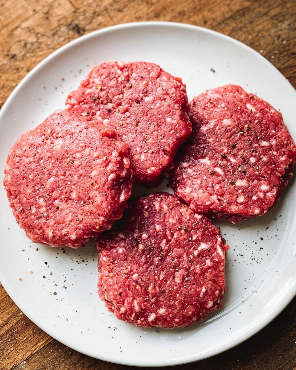 Four raw burger patties made of bright red ground meat with visible small white fat pieces and specks of black pepper are placed on a white plate. The patties have an uneven round shape and a slightly textured surface. The plate rests on a wooden surface. photo taken with an iphone --ar 4:5 --v 7