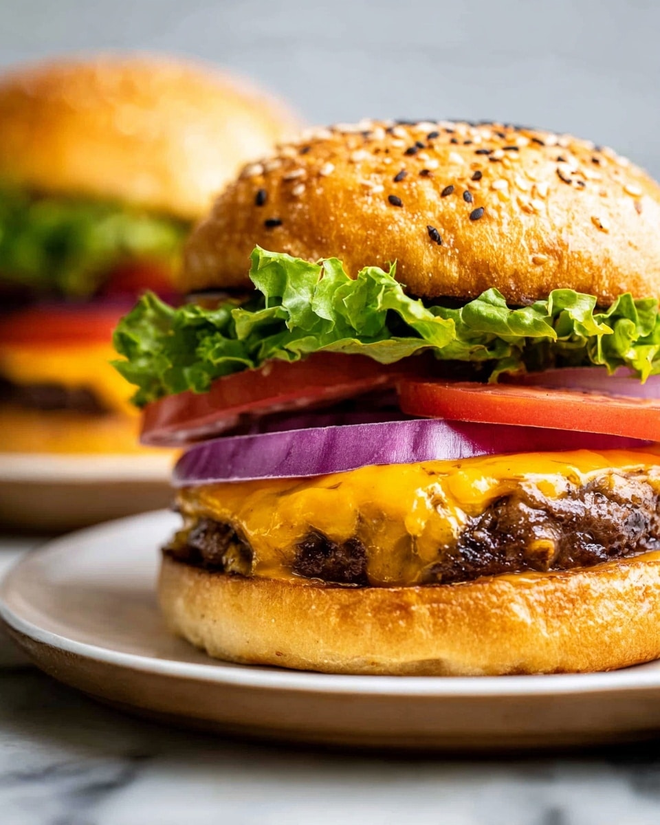 A close-up of a tall burger on a white plate, layered from bottom to top with a golden sesame seed bun, fresh green lettuce leaves with a curled texture, two thick red tomato slices, a grilled beef patty with a slightly charred surface, melted bright orange cheddar cheese draping over the meat, thick purple onion rings, and topped with the sesame seed bun. The background shows a blurred second burger on a white marbled surface. Photo taken with an iphone --ar 4:5 --v 7