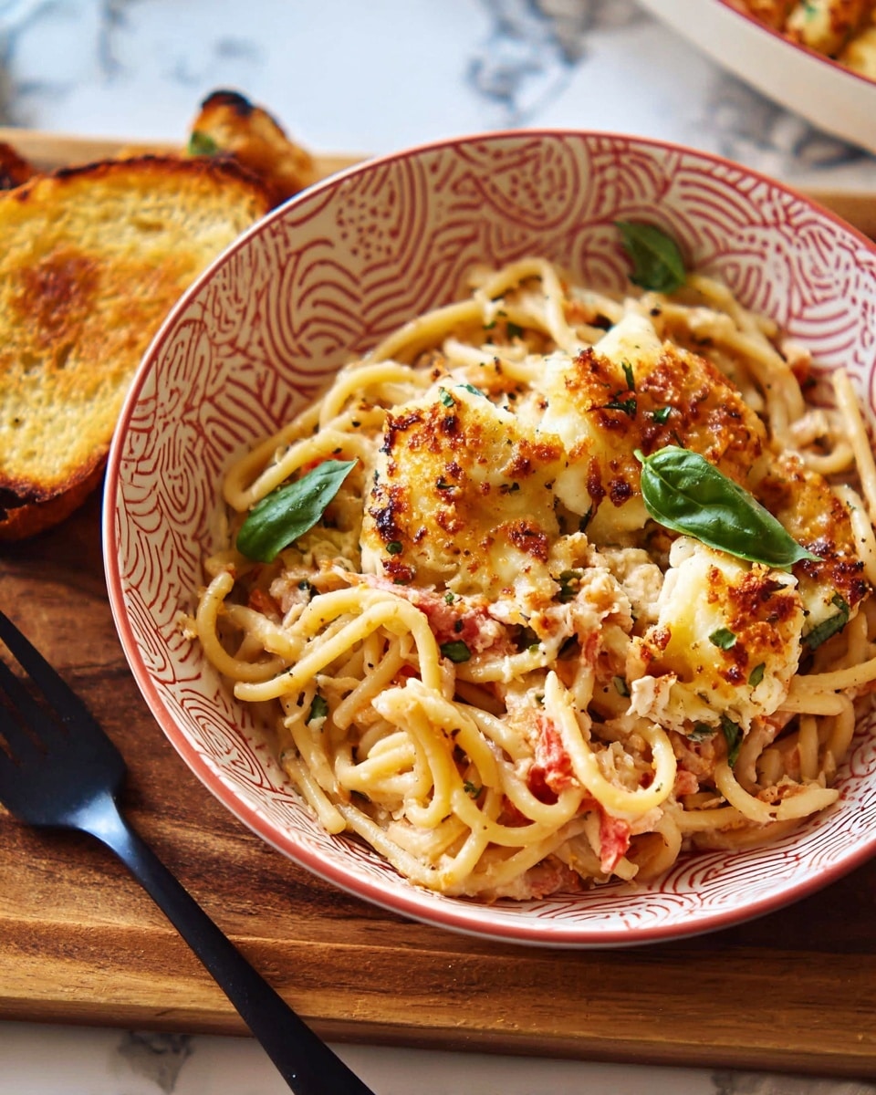 A white bowl with red and white swirl patterns holds a serving of spaghetti mixed with chunks of white cheese and pieces of baked cheese on top. The pasta is pale yellow, coated lightly with a creamy sauce, and scattered with bright green basil leaves. The top layer is golden brown with a crispy texture and some red tomato bits visible under the melted cheese. The bowl is set on a wooden board next to a black fork and a piece of toasted bread with a golden crust. The background is a white marbled texture. Photo taken with an iphone --ar 4:5 --v 7