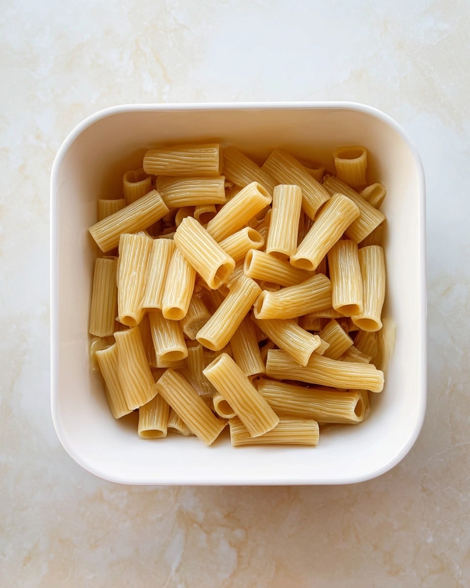 The image shows a white square bowl filled with plain cooked pasta tubes that are light yellowish-beige in color, slightly shiny, and smooth in texture, evenly spread inside the bowl. The bowl is placed on a white marbled surface with soft beige tones. Photo taken with an iphone --ar 4:5 --v 7