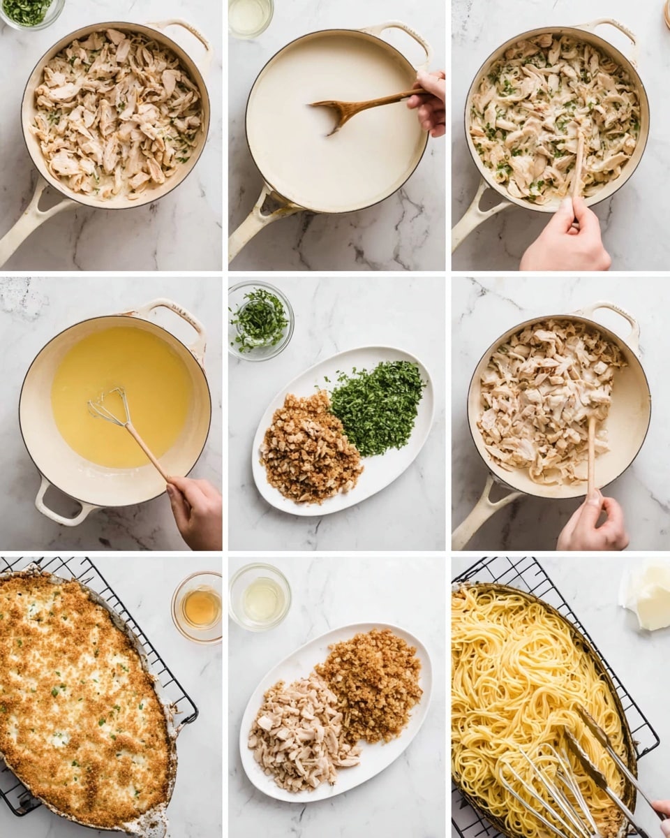 A cooking sequence shows a pasta dish made in layers. First, a pan holds light beige chopped chicken and translucent white onions stirred with a wooden spoon. Then, light green herbs and a small clear glass of liquid are added to the pan. A pot with white milk has a woman's hand pouring a yellow broth into it, followed by the pan getting stirred to mix the ingredients. Next, a white pan holds a mixture with light browns and greens, then a woman's hand pours white milk into the pan with a whisk ready nearby. On a white plate, three piles appear: light beige chicken, browned chopped mixture, and chopped green herbs. An oval white dish next holds yellow cooked spaghetti, over which a creamy white sauce is poured and mixed with metal tongs. The dish top is then sprinkled with a tan crumb topping, followed by pouring melted yellow butter over it. Finally, a golden baked surface with browned spots and bubbling cheese is shown cooling on a wire rack, all photographed on a white marbled surface photo taken with an iphone --ar 4:5 --v 7