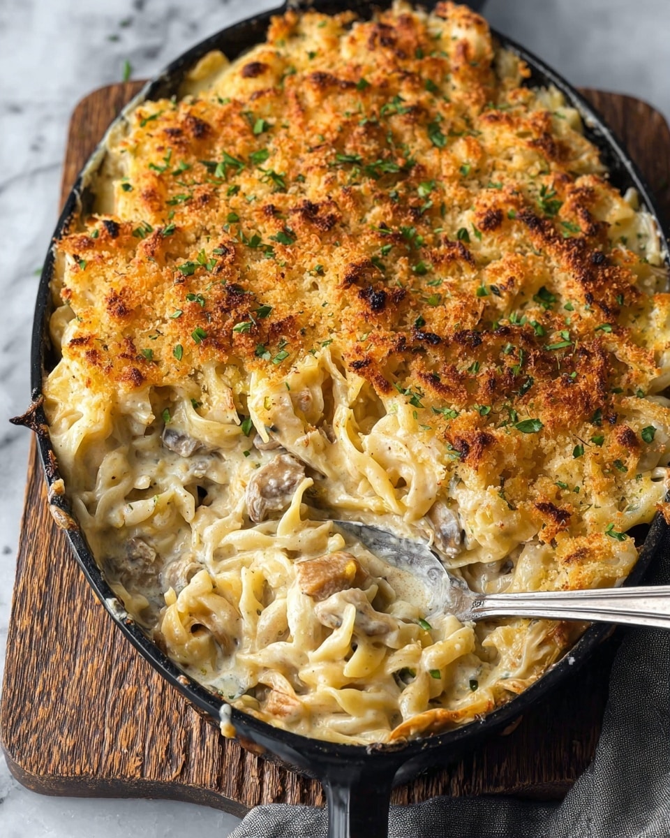 The image shows a baked pasta dish in a black oval baking dish placed on a wooden board over a white marbled surface. The dish has three main visible layers: the top layer is golden brown with a crunchy look, dotted with toasted bits and small green herbs sprinkled evenly. Underneath, thick white pasta noodles are covered in creamy sauce mixed with small pieces of cooked mushrooms and chicken. A silver serving spoon is partially inserted into the dish on the right side, lifting a portion that reveals the soft and creamy texture of the pasta just beneath the crust. photo taken with an iphone --ar 4:5 --v 7