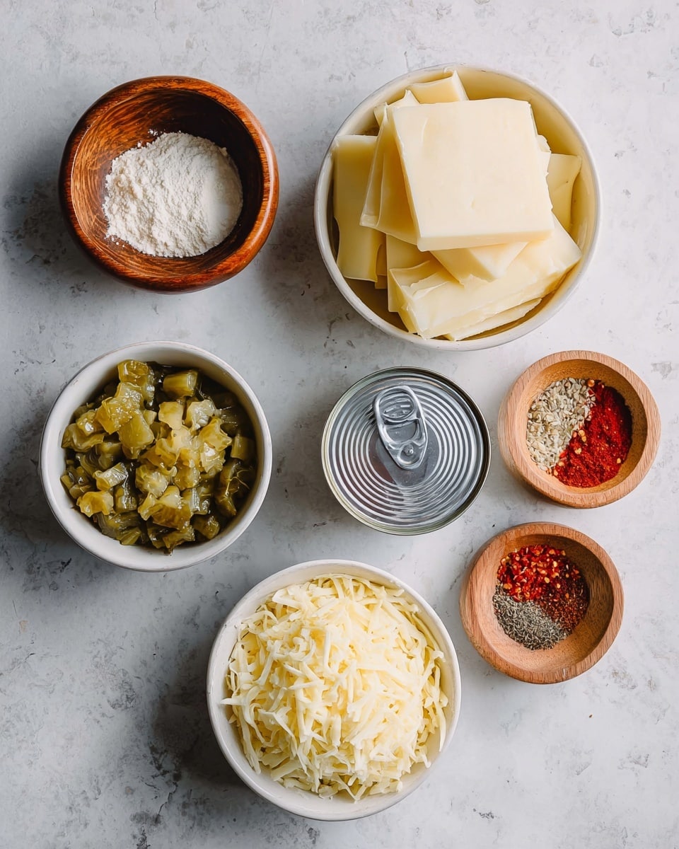 The image shows six bowls and a can placed on a white marbled surface. Starting from the top left, there's a wooden bowl with a small pile of white powder. To the right is a white bowl filled with chopped green pickles in some liquid. Next to it, on the top right, is a large white bowl containing pale yellow cheese slices stacked loosely. Below it, on the bottom right, a wooden bowl holds four piles of spices: white salt, red chili powder, crushed red peppers, and black pepper powder. In the center bottom, a white bowl is full of shredded cheese with a pale yellow color. In the middle, there is a closed silver tin can with a pull tab. The overall look is clean and organized. Photo taken with an iphone --ar 4:5 --v 7