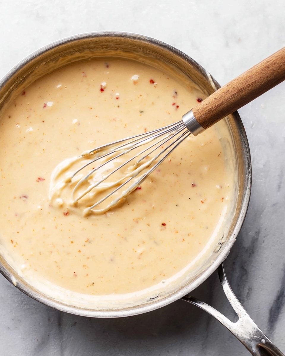 A close-up top view of a silver metal pan filled with a creamy, light beige sauce that has small red and black specks throughout. Inside the sauce, a whisk with a wooden handle is partially submerged, lifting some sauce with thin flowing lines showing movement. The pan is placed on a white marbled surface, and the sauce has a smooth, thick texture with a glossy shine. photo taken with an iphone --ar 4:5 --v 7
