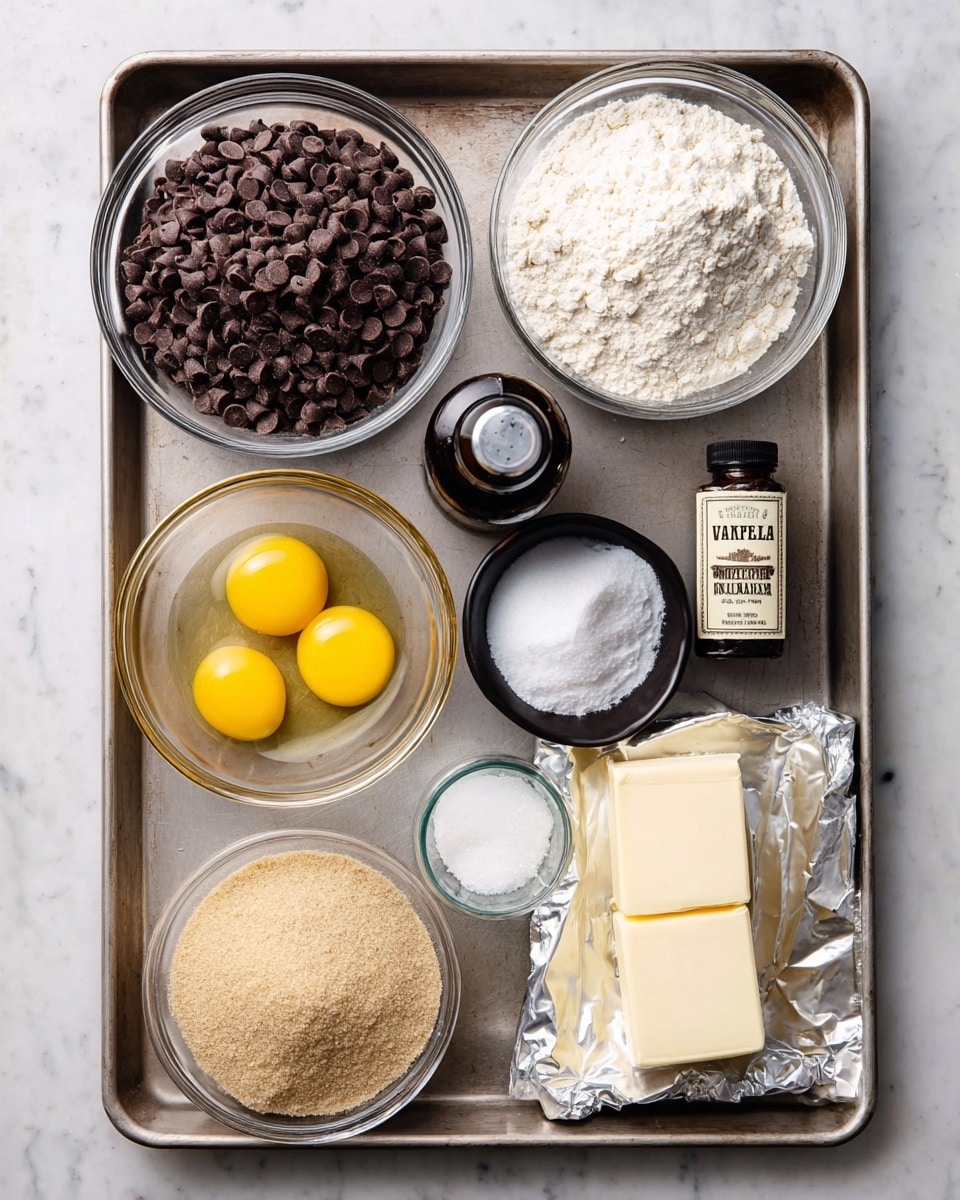 A metal tray holds various baking ingredients arranged neatly: a large glass bowl filled with dark brown chocolate chips is on the top left, next to a glass bowl with two bright yellow egg yolks in clear whites. To the right is a small dark bottle labeled