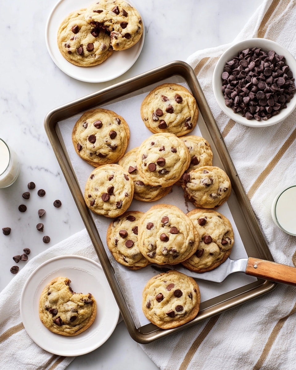 The image shows a metal baking tray filled with ten golden-brown chocolate chip cookies arranged on white parchment paper, each cookie dotted with dark chocolate chips and slightly puffy. A metal spatula with a wooden handle rests under one cookie near the top of the tray. To the top right of the tray, there is a white bowl full of dark chocolate chips with some scattered on the white marbled surface below. On the left side, two white plates each hold a cookie, one with a whole cookie and one with a partially eaten cookie. The whole scene sits on a white marbled surface with a white cloth that has thin beige stripes partly visible under the tray. A glass of milk is visible at the bottom right corner. photo taken with an iphone --ar 4:5 --v 7