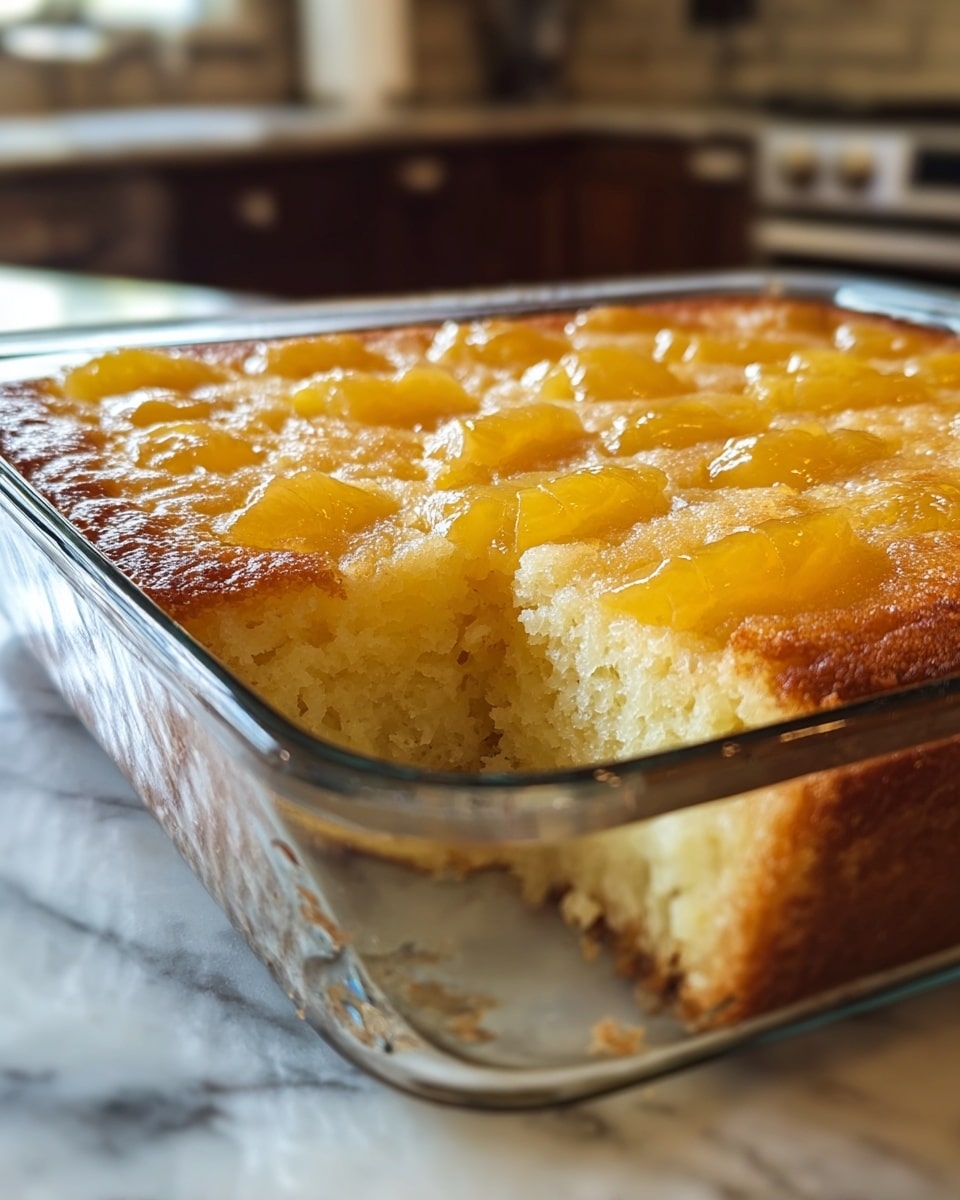 A square glass baking dish holds a freshly baked yellow cake with a single missing slice at the front corner. The cake has one thick layer with a soft, moist texture inside and a golden-brown crust around the edges. The top layer is covered with uneven pieces of glossy, light yellow fruit that seem soft and juicy. The dish sits on a white marbled surface with a blurred kitchen background. photo taken with an iphone --ar 4:5 --v 7