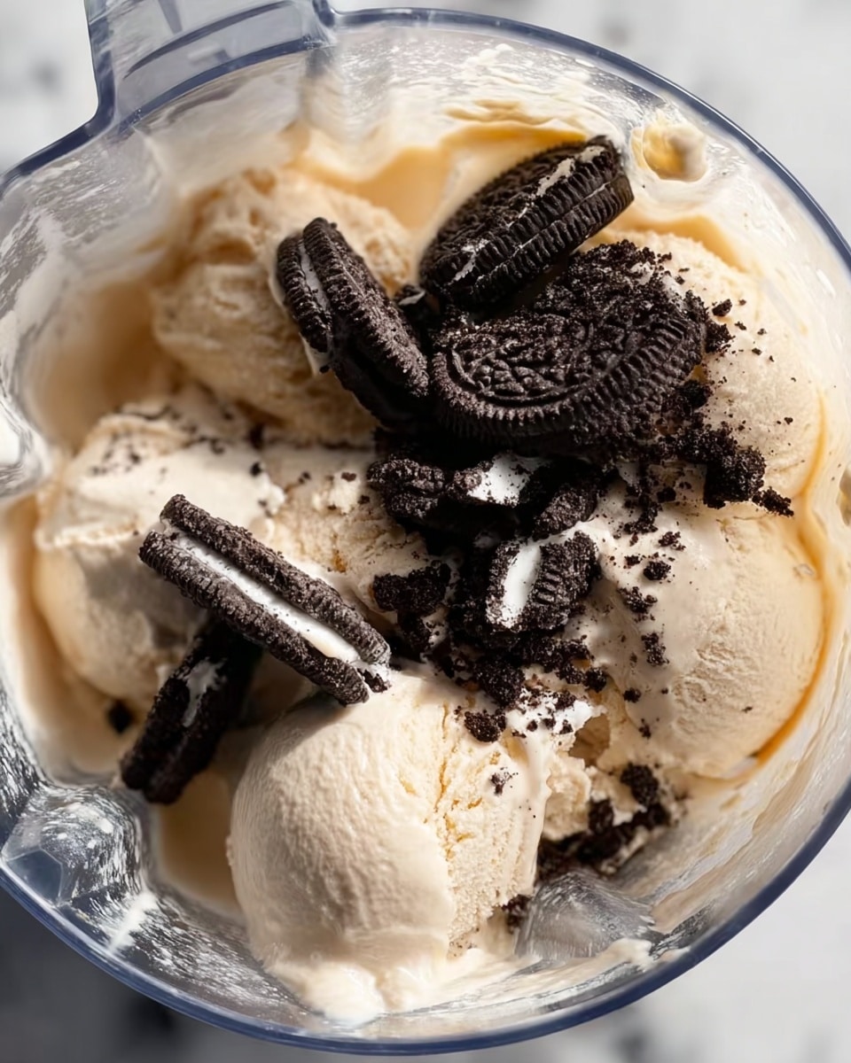 The image shows a clear blender container filled with several scoops of light cream-colored ice cream at the bottom. On top of the ice cream, there are many broken pieces of dark chocolate sandwich cookies with white cream filling visible in some pieces. The ice cream has a smooth and creamy texture with some melting around the edges, mixing slightly with the cookie crumbs. The background is a white marbled texture. Photo taken with an iphone --ar 4:5 --v 7