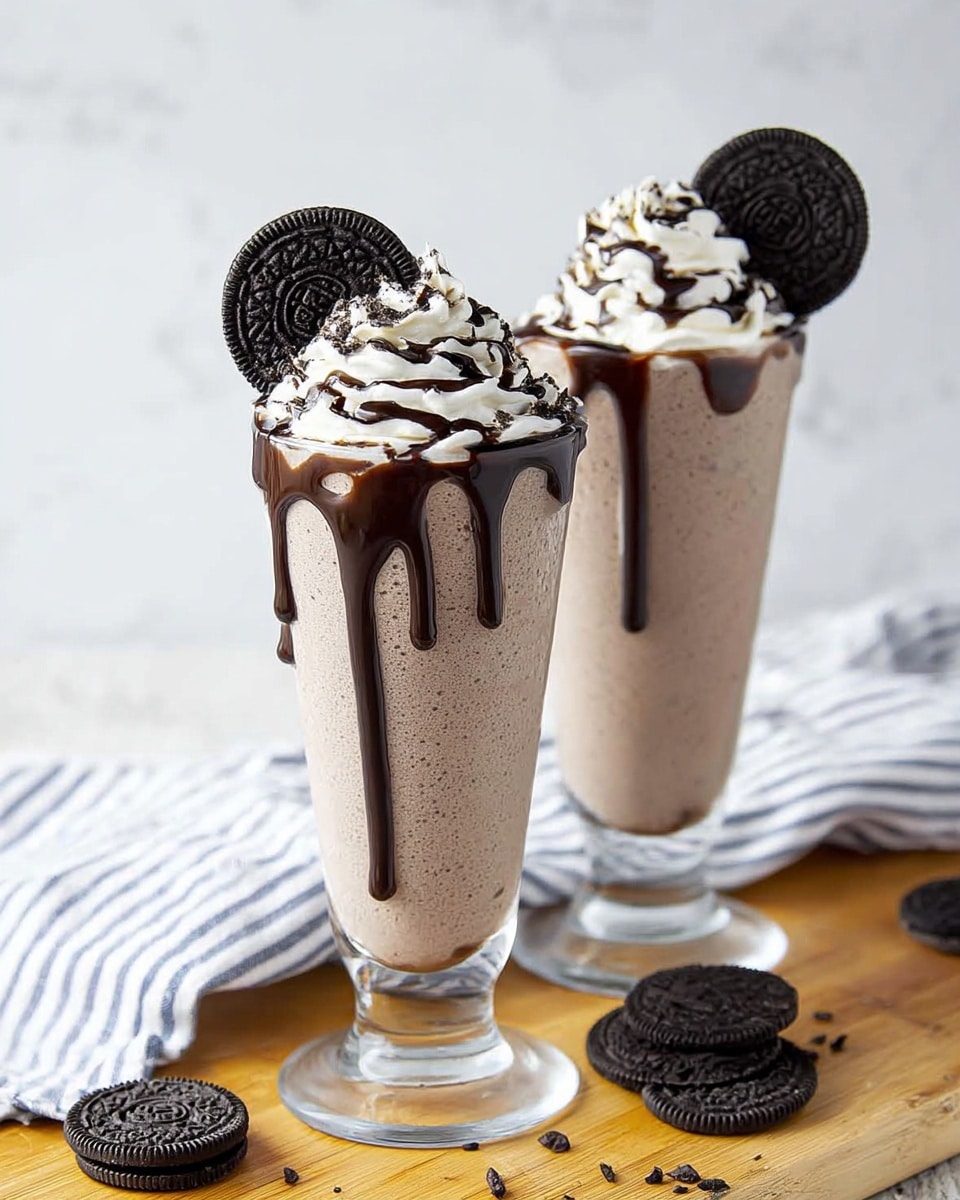 Two tall clear glasses filled with a thick, light brown milkshake that has a smooth texture. Each glass is topped with a large swirl of white whipped cream, which is drizzled with dark brown chocolate sauce that drips slightly down the sides. A whole black cookie with a patterned surface is placed at an angle on top of the whipped cream on each glass. The glasses are set on a light wooden surface with a few extra black cookies scattered nearby, and a white cloth with blue stripes is casually folded in the background, all against a white marbled texture. Photo taken with an iphone --ar 4:5 --v 7