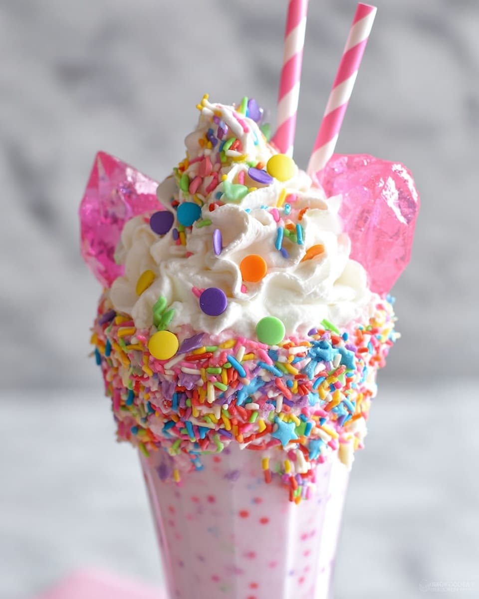 The dish is a tall milkshake in a glass covered in thick white whipped cream on top. The whipped cream is decorated with many colorful round, star, and long sprinkles in bright colors like green, yellow, pink, purple, blue, orange, and white. Two striped pink and white paper straws stick out from the whipped cream, along with large pink crystal-like candy pieces on the sides. The milkshake itself is light pink with tiny darker pink dots visible inside, and the glass is standing on a white marbled surface. Photo taken with an iphone --ar 4:5 --v 7