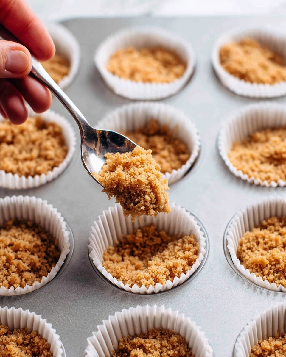 The image shows a close-up of a woman's hand holding a spoon with crumbly, light brown mixture being placed into white cupcake liners arranged in a metal muffin tray. Each liner contains a layer of these crumbs with a rough texture, resembling crushed cookies or graham crackers. The background is a white marbled surface that adds brightness to the scene. The spoon is silver, shiny, and slightly tilted as it drops the crumb layer into one of the liners. Photo taken with an iphone --ar 4:5 --v 7