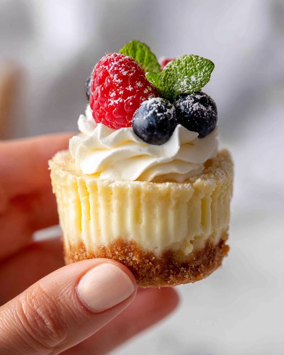 A close-up image of a small cheesecake held by a woman's hand, showing three layers: a crumbly light brown base at the bottom, a creamy pale yellow middle layer with smooth texture, and a swirl of white whipped topping on top. On the whipped cream sit three fresh berries—a red raspberry and two dark blue blueberries—along with small green mint leaves, all dusted lightly with powdered sugar. The background is soft and blurred with a white marbled texture below. Photo taken with an iphone --ar 4:5 --v 7