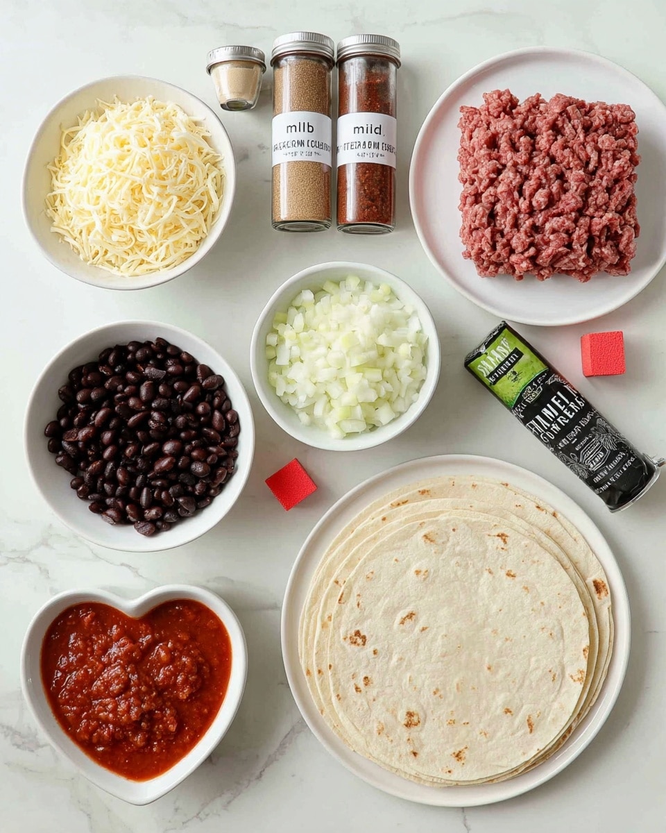 A top-down view shows a flat white plate with a square of fresh ground beef on the right side, next to a stack of soft, light beige tortillas on another white plate in the lower right corner. Above the tortillas, a small white bowl holds shredded pale yellow cheese, while in the top center, another white bowl contains diced white onions. In the middle, three glass spice jars with silver lids are lined up, labeled mild chili, paprika, and cumin from left to right. To their right, a green and black tube labeled heaps of garlic puree stands upright. Below the spices, a small white bowl filled with light brown sugar is next to a tiny red cube, likely a seasoning cube. To the left, a white bowl with black beans sits next to a small heart-shaped white dish filled with red tomato paste. In the bottom left is a white bowl with chunky red salsa, all arranged on a white marbled surface. Photo taken with an iphone --ar 4:5 --v 7