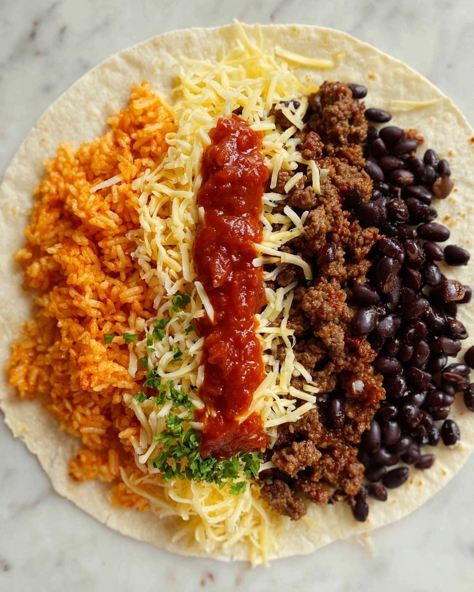 The image shows a soft, light beige tortilla laid flat as the base layer. On the tortilla, three distinct layers are arranged side by side: on the left, there is a pile of orange-colored rice with fluffy texture; in the middle, there is a serving of cooked ground meat mixed with small bits of onion, dark brown with a slightly oily surface; on the right side, there are shiny black beans scattered around. Over the black beans, a generous amount of shredded yellowish-white cheese is sprinkled, and on top of the cheese, a line of thick red salsa sauce with some small green herbs is placed. The entire dish is set on a white marbled surface. Photo taken with an iphone --ar 4:5 --v 7