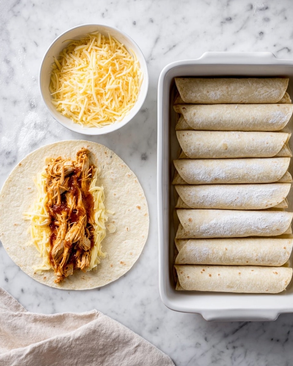 The image is split into two parts on a white marbled surface. On the left side, there is a white tortilla laid flat with a layer of shredded yellow and white cheese spread in the center, topped by a layer of shredded cooked chicken with a reddish brown sauce, both centered horizontally on the tortilla. Above the tortilla is a white bowl filled with shredded yellow and white cheese. A folded beige cloth napkin is partially visible near the bottom right of the tortilla. On the right side, there is a white rectangular baking dish containing seven rolled tortillas placed side by side in two horizontal rows (four on top and three on bottom), each filled and rolled tightly with the chicken and cheese inside, showing a light beige color with some white flour dusting on top. The baking dish is also on the white marbled surface. Photo taken with an iphone --ar 4:5 --v 7